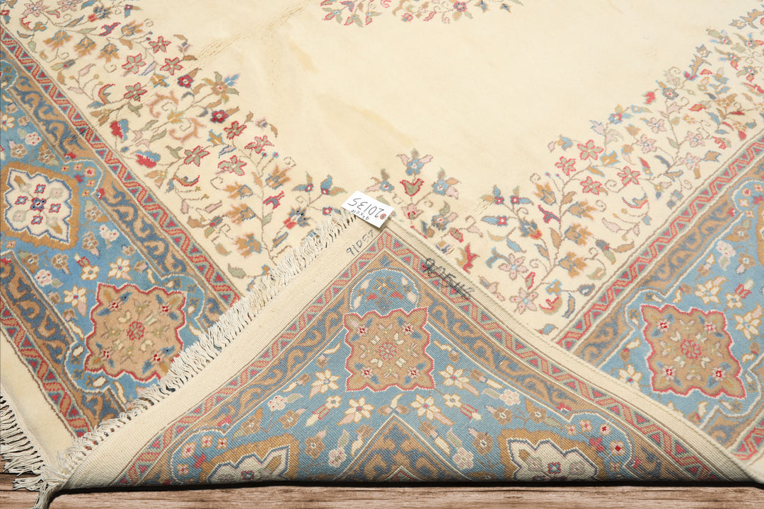 9x12 Ivory, Aqua, Tan Color Hand Knotted Kerman Wool Traditional/ Medallion Oriental Rug