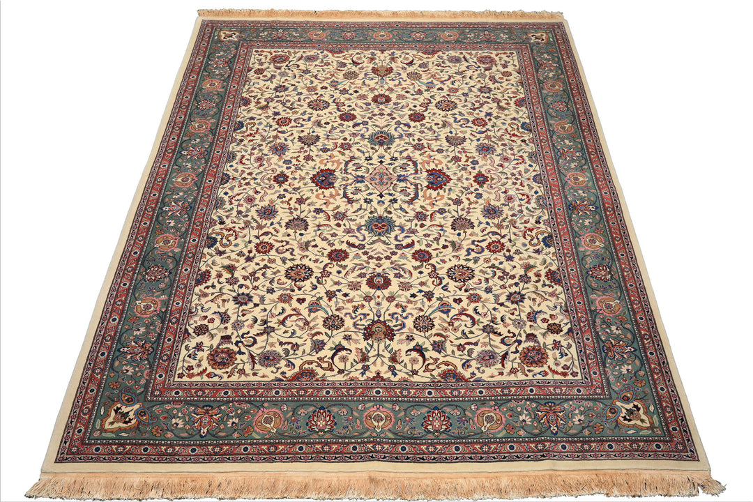 9x12 Ivory, Aqua, Rose Color Hand Knotted Kashan Wool Traditional/ Medallion Oriental Rug