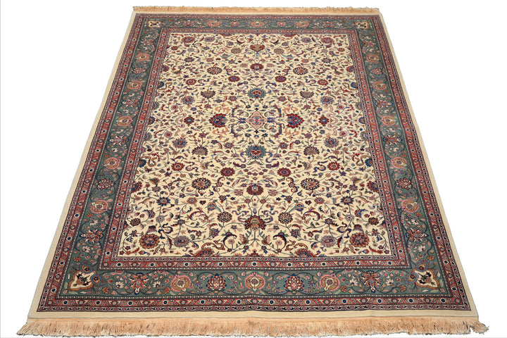 9x12 Ivory, Aqua, Rose Color Hand Knotted Kashan Wool Traditional/ Medallion Oriental Rug