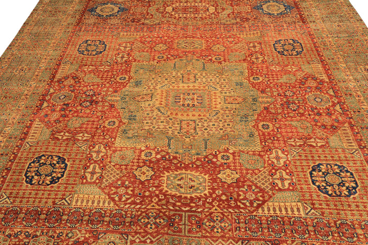9x12 Burnt Orange, Gold, Celadone Color Hand Knotted Cairene Mamluk Wool Traditional Oriental Rug