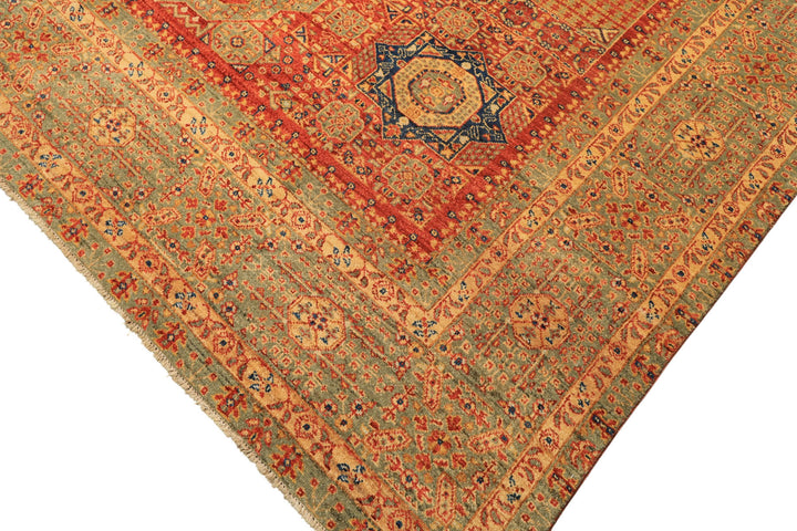 9x12 Burnt Orange, Gold, Celadone Color Hand Knotted Cairene Mamluk Wool Traditional Oriental Rug