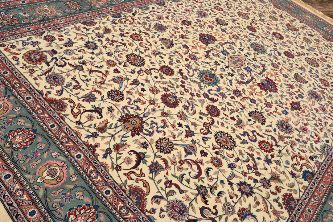 9x12 Ivory, Aqua, Rose Color Hand Knotted Kashan Wool Traditional/ Medallion Oriental Rug