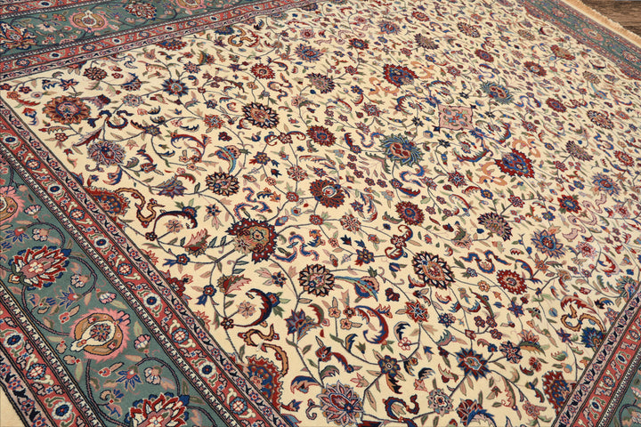 9x12 Ivory, Aqua, Rose Color Hand Knotted Kashan Wool Traditional/ Medallion Oriental Rug