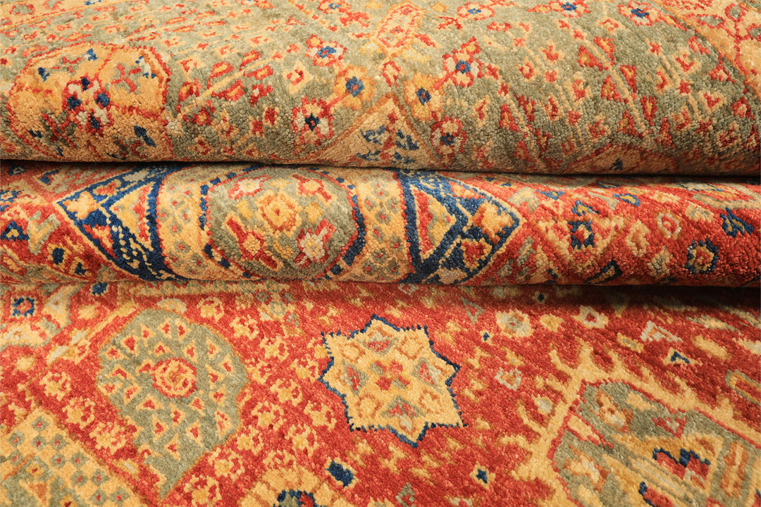 9x12 Burnt Orange, Gold, Celadone Color Hand Knotted Cairene Mamluk Wool Traditional Oriental Rug
