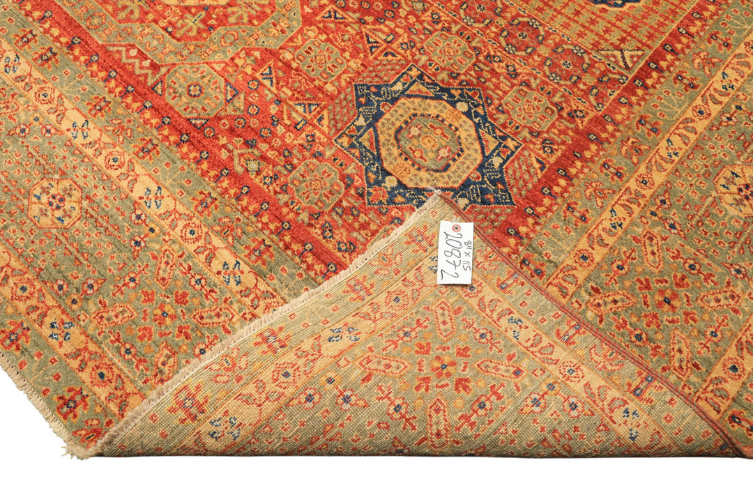 9x12 Burnt Orange, Gold, Celadone Color Hand Knotted Cairene Mamluk Wool Traditional Oriental Rug