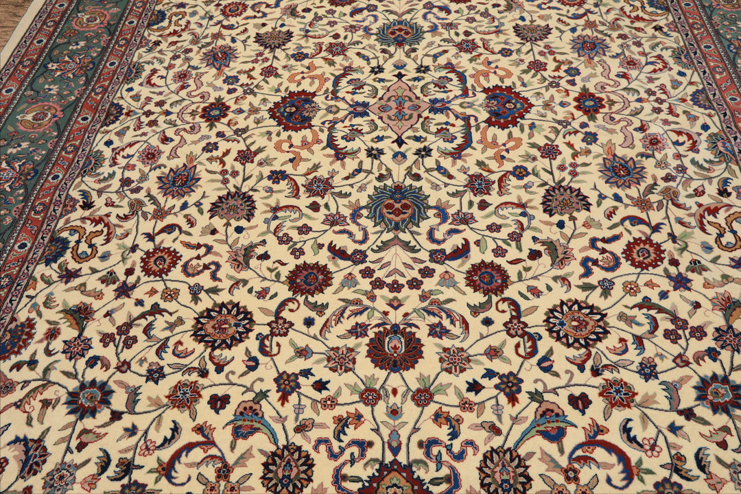 9x12 Ivory, Aqua, Rose Color Hand Knotted Kashan Wool Traditional/ Medallion Oriental Rug