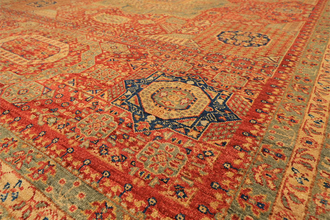 9x12 Burnt Orange, Gold, Celadone Color Hand Knotted Cairene Mamluk Wool Traditional Oriental Rug