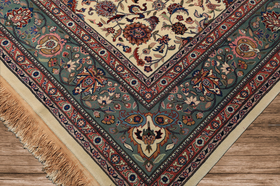 9x12 Ivory, Aqua, Rose Color Hand Knotted Kashan Wool Traditional/ Medallion Oriental Rug