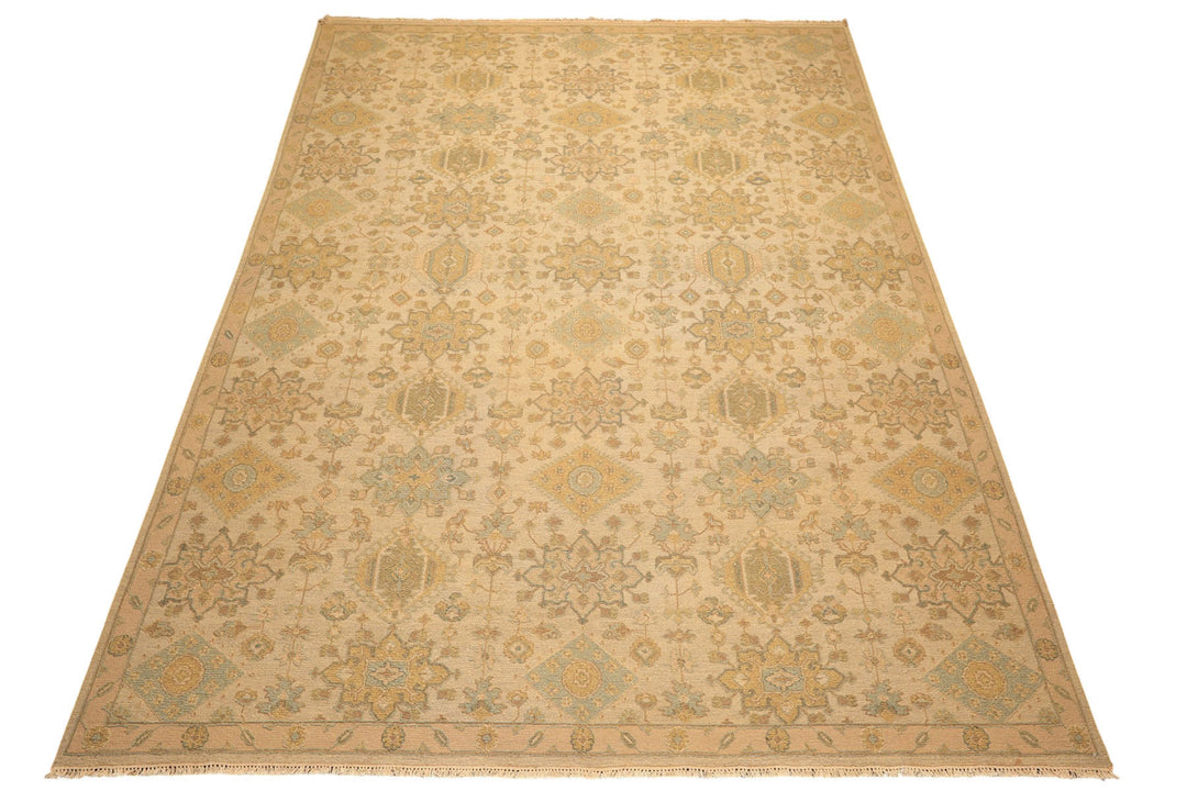 9x12 Beige, Mint, Peach Color Hand Knotted Soumak Wool Transitional Oriental Rug