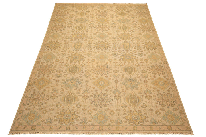 9x12 Beige, Mint, Peach Color Hand Knotted Soumak Wool Transitional Oriental Rug