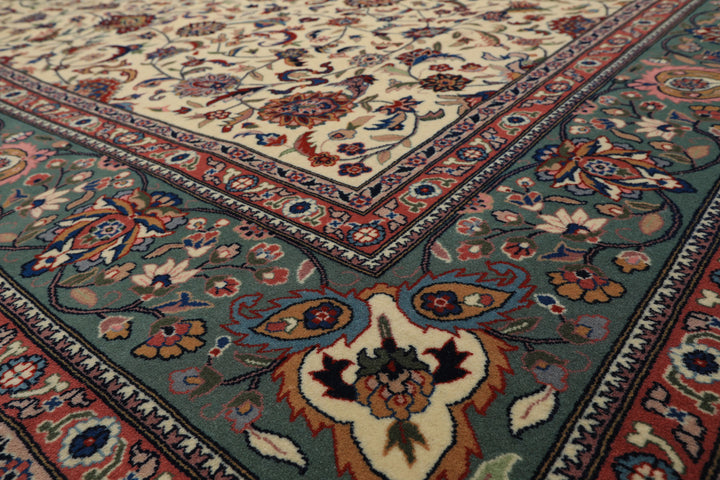 9x12 Ivory, Aqua, Rose Color Hand Knotted Kashan Wool Traditional/ Medallion Oriental Rug