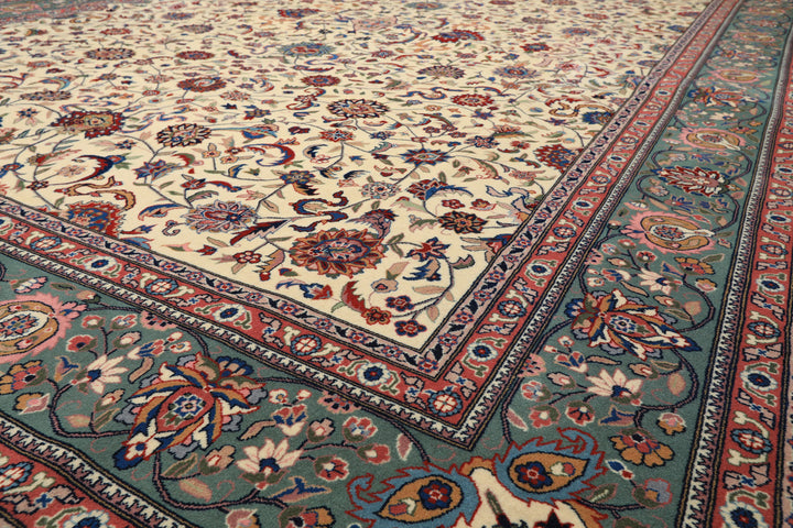 9x12 Ivory, Aqua, Rose Color Hand Knotted Kashan Wool Traditional/ Medallion Oriental Rug
