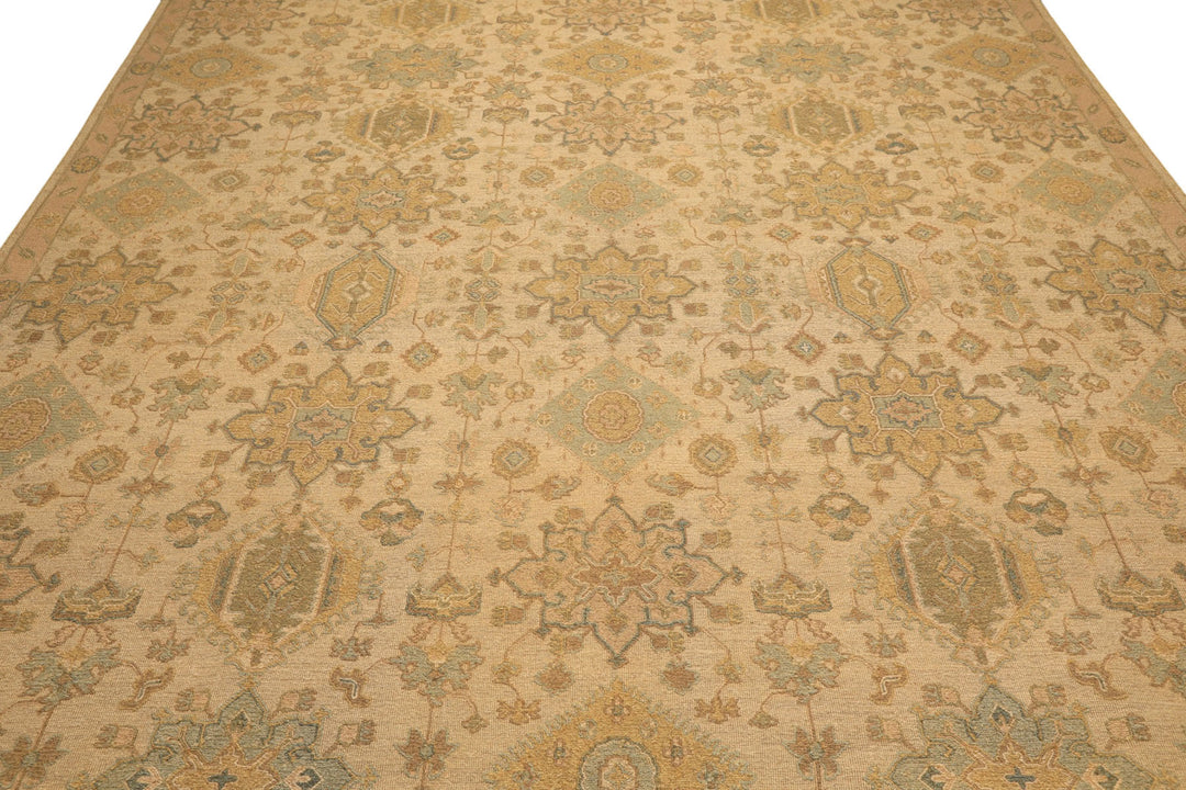 9x12 Beige, Mint, Peach Color Hand Knotted Soumak Wool Transitional Oriental Rug