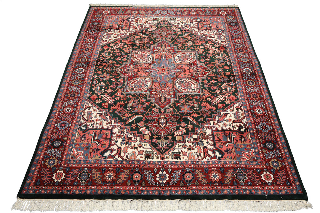9x12 Green, Red, Pink Color Hand Knotted Heriz Wool Traditional/ Medallion Oriental Rug