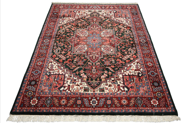 9x12 Green, Red, Pink Color Hand Knotted Heriz Wool Traditional/ Medallion Oriental Rug