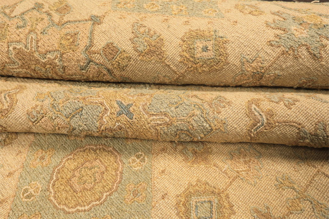 9x12 Beige, Mint, Peach Color Hand Knotted Soumak Wool Transitional Oriental Rug
