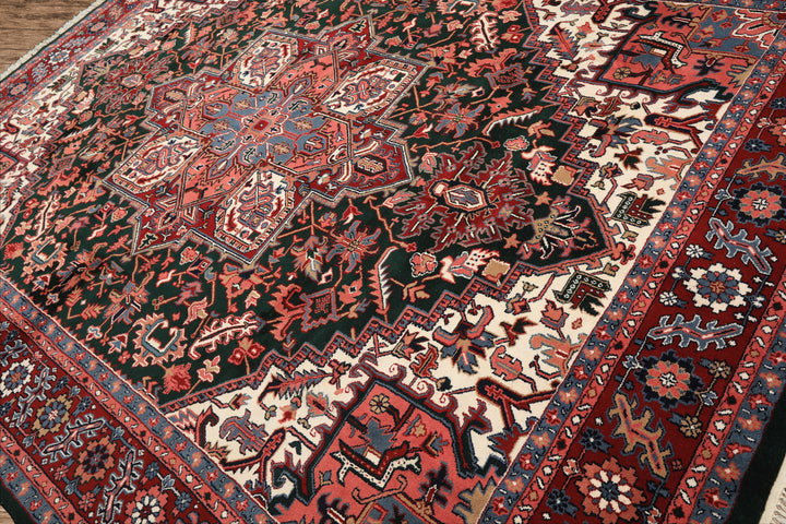9x12 Green, Red, Pink Color Hand Knotted Heriz Wool Traditional/ Medallion Oriental Rug