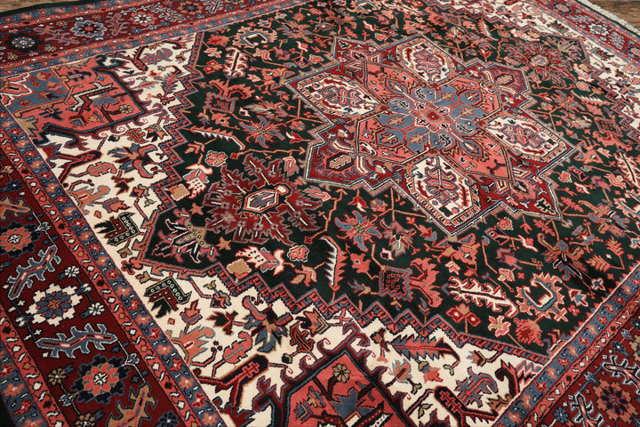 9x12 Green, Red, Pink Color Hand Knotted Heriz Wool Traditional/ Medallion Oriental Rug