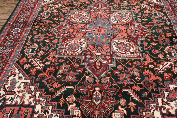 9x12 Green, Red, Pink Color Hand Knotted Heriz Wool Traditional/ Medallion Oriental Rug