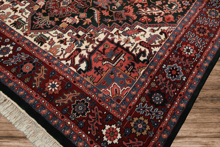 9x12 Green, Red, Pink Color Hand Knotted Heriz Wool Traditional/ Medallion Oriental Rug