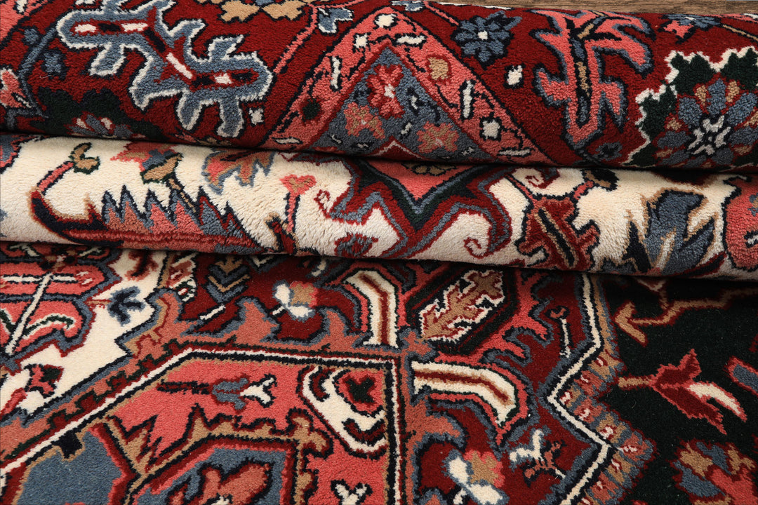 9x12 Green, Red, Pink Color Hand Knotted Heriz Wool Traditional/ Medallion Oriental Rug