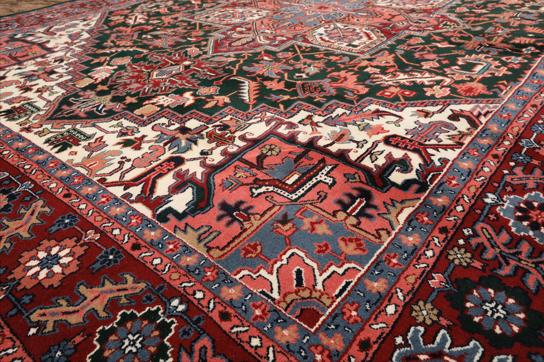 9x12 Green, Red, Pink Color Hand Knotted Heriz Wool Traditional/ Medallion Oriental Rug