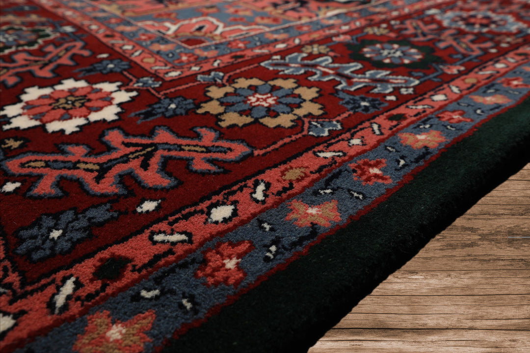 9x12 Green, Red, Pink Color Hand Knotted Heriz Wool Traditional/ Medallion Oriental Rug