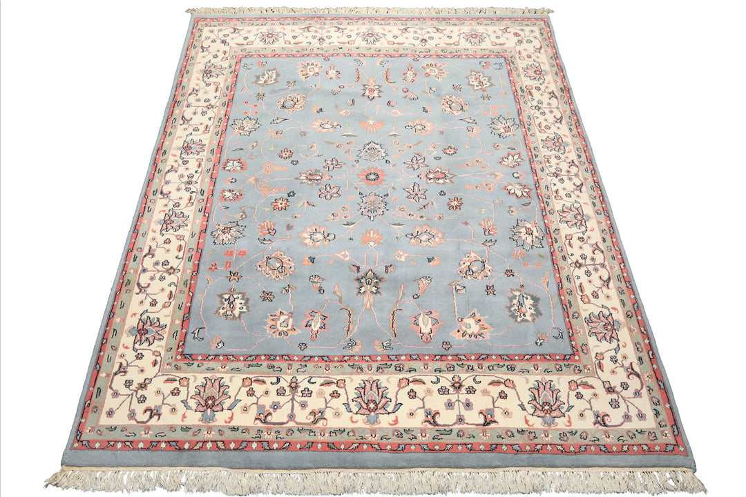 8x10 Baby Blue, Ivory, Pink Color Hand Knotted Kashan Wool Traditional/ Botanical Oriental Rug