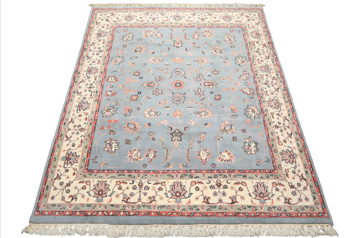 8x10 Baby Blue, Ivory, Pink Color Hand Knotted Kashan Wool Traditional/ Botanical Oriental Rug