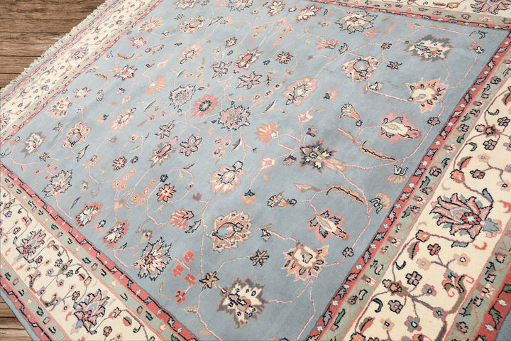 8x10 Baby Blue, Ivory, Pink Color Hand Knotted Kashan Wool Traditional/ Botanical Oriental Rug