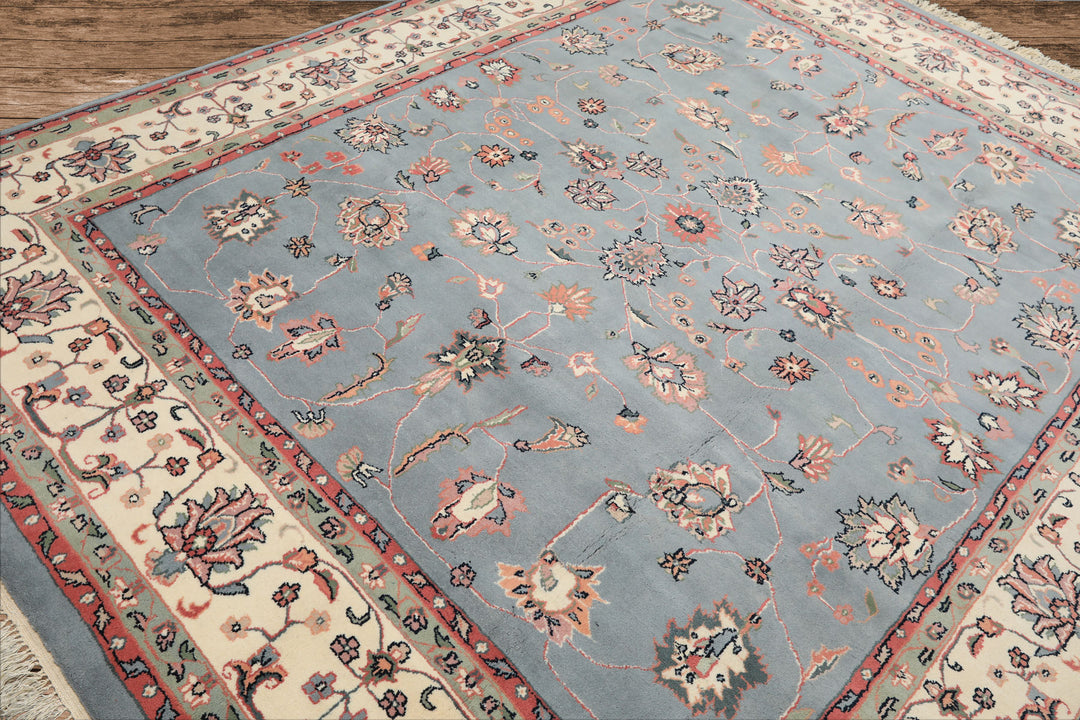 8x10 Baby Blue, Ivory, Pink Color Hand Knotted Kashan Wool Traditional/ Botanical Oriental Rug