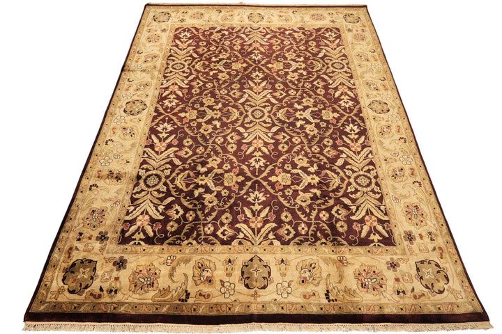 9x12 Maroon, Light Gold, Beige Color Hand Knotted Agra New Zealand Wool Traditional Oriental Rug