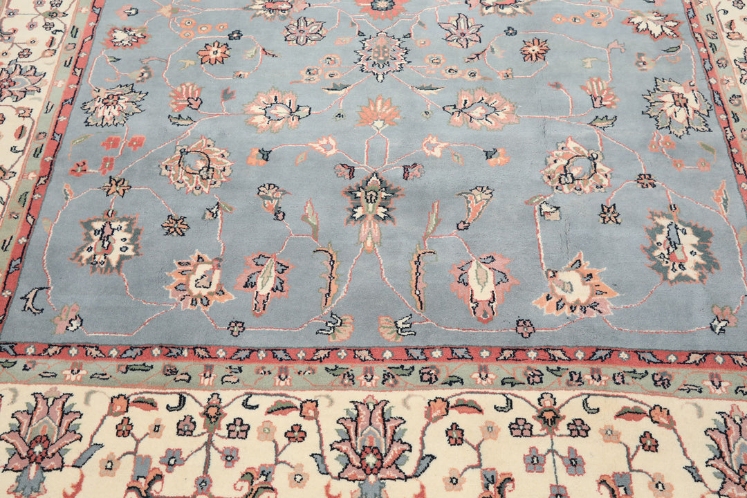 8x10 Baby Blue, Ivory, Pink Color Hand Knotted Kashan Wool Traditional/ Botanical Oriental Rug