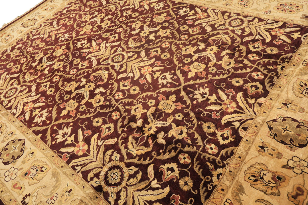 9x12 Maroon, Light Gold, Beige Color Hand Knotted Agra New Zealand Wool Traditional Oriental Rug