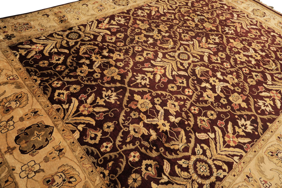 9x12 Maroon, Light Gold, Beige Color Hand Knotted Agra New Zealand Wool Traditional Oriental Rug