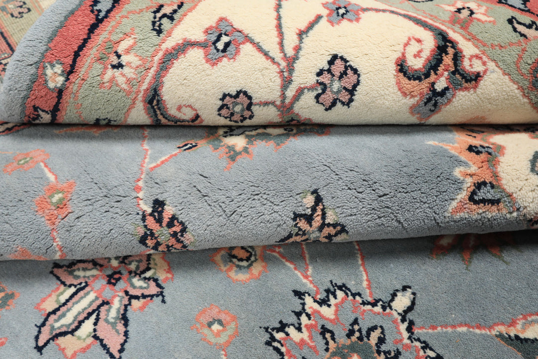 8x10 Baby Blue, Ivory, Pink Color Hand Knotted Kashan Wool Traditional/ Botanical Oriental Rug