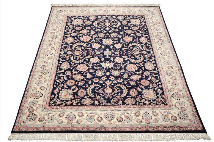 8x10 Midnight Blue, Ivory, Blush Color Hand Knotted Tabriz Wool Traditional Oriental Rug