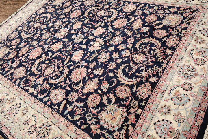8x10 Midnight Blue, Ivory, Blush Color Hand Knotted Tabriz Wool Traditional Oriental Rug