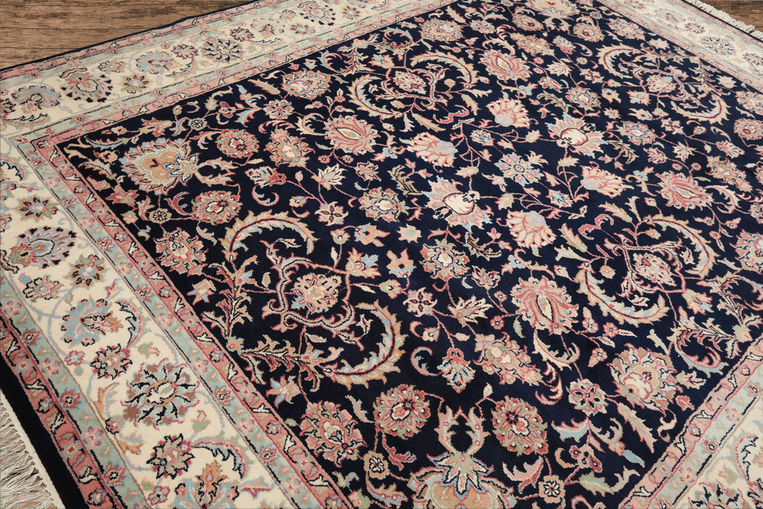 8x10 Midnight Blue, Ivory, Blush Color Hand Knotted Tabriz Wool Traditional Oriental Rug