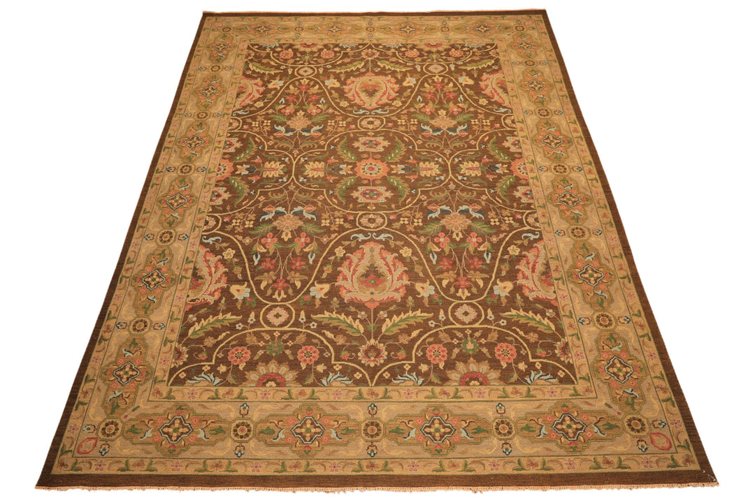 9x12 Brown, Taupe, Green Color Hand Knotted Soumak Wool Transitional Oriental Rug