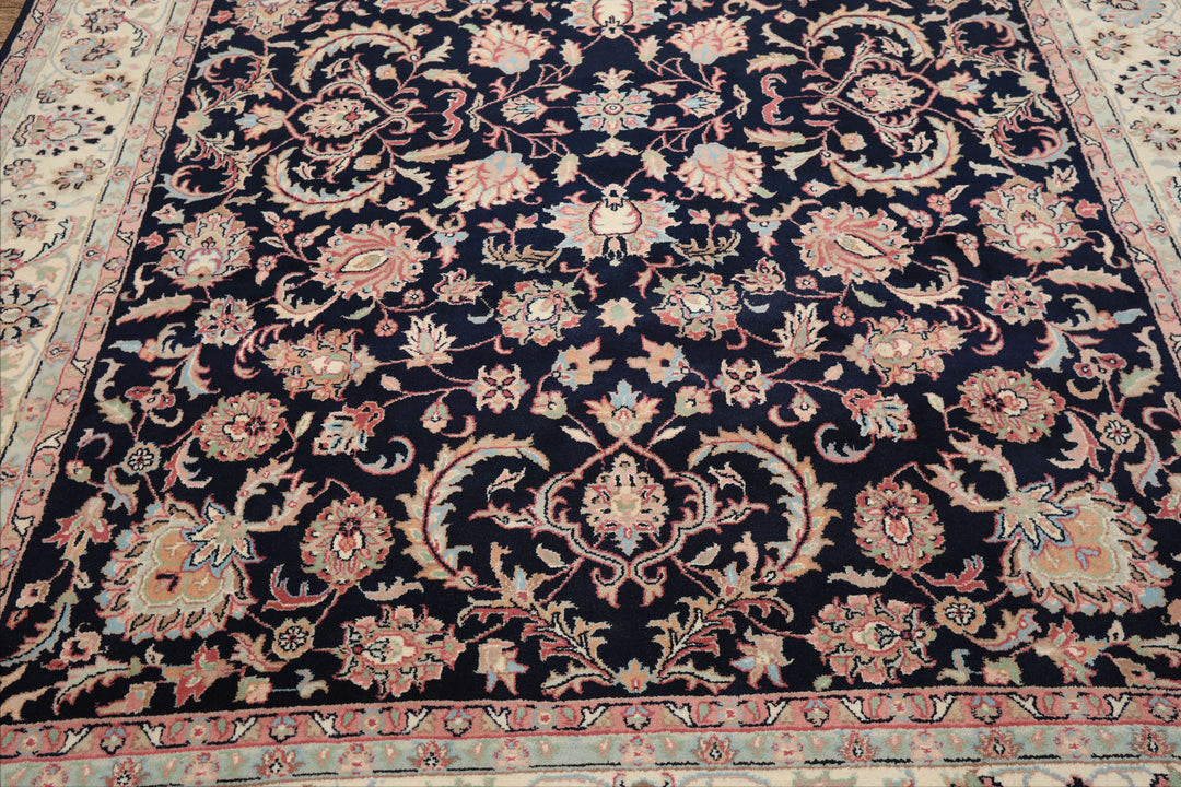8x10 Midnight Blue, Ivory, Blush Color Hand Knotted Tabriz Wool Traditional Oriental Rug