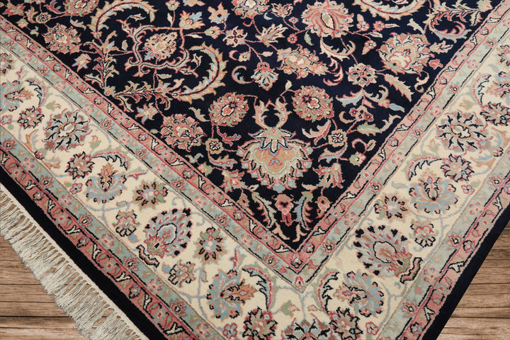 8x10 Midnight Blue, Ivory, Blush Color Hand Knotted Tabriz Wool Traditional Oriental Rug