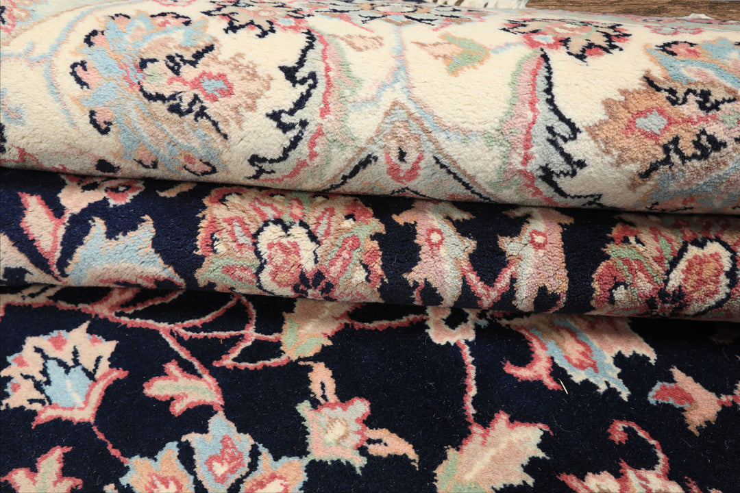 8x10 Midnight Blue, Ivory, Blush Color Hand Knotted Tabriz Wool Traditional Oriental Rug