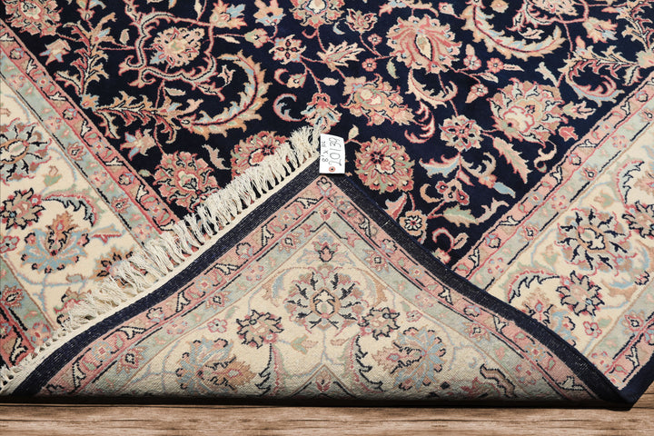 8x10 Midnight Blue, Ivory, Blush Color Hand Knotted Tabriz Wool Traditional Oriental Rug