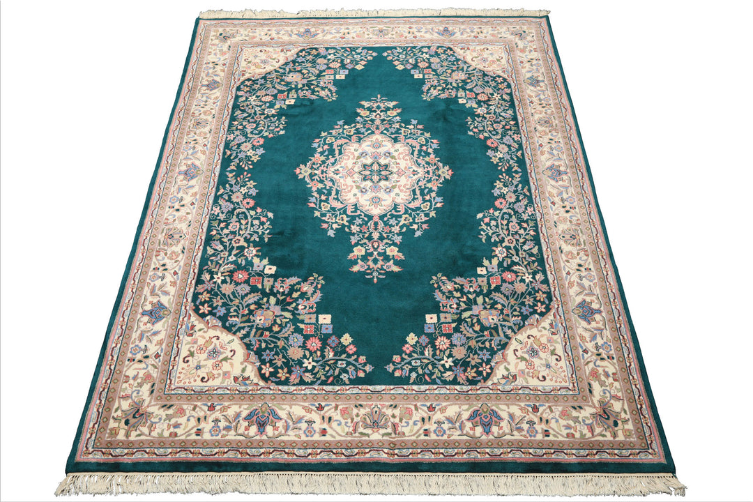 7x9 Emerald, Green, Ivory Color Hand Knotted Tabriz Wool Traditional Oriental Rug