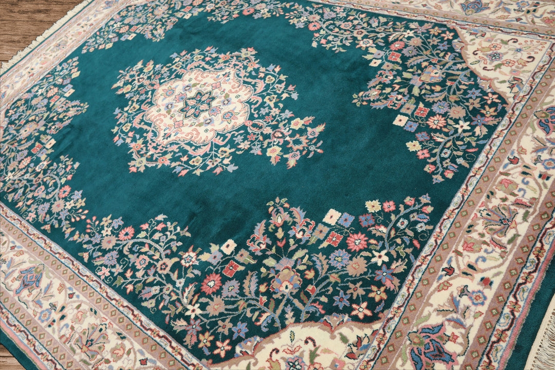 7x9 Emerald, Green, Ivory Color Hand Knotted Tabriz Wool Traditional Oriental Rug