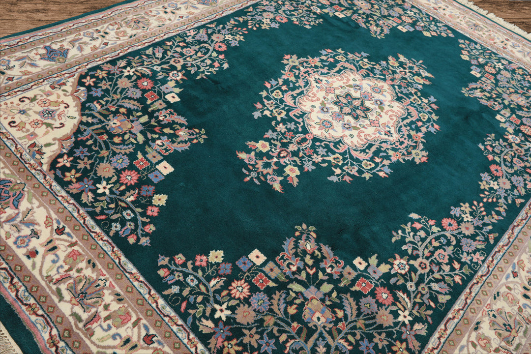 7x9 Emerald, Green, Ivory Color Hand Knotted Tabriz Wool Traditional Oriental Rug
