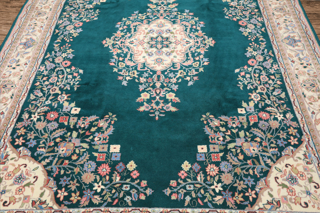 7x9 Emerald, Green, Ivory Color Hand Knotted Tabriz Wool Traditional Oriental Rug