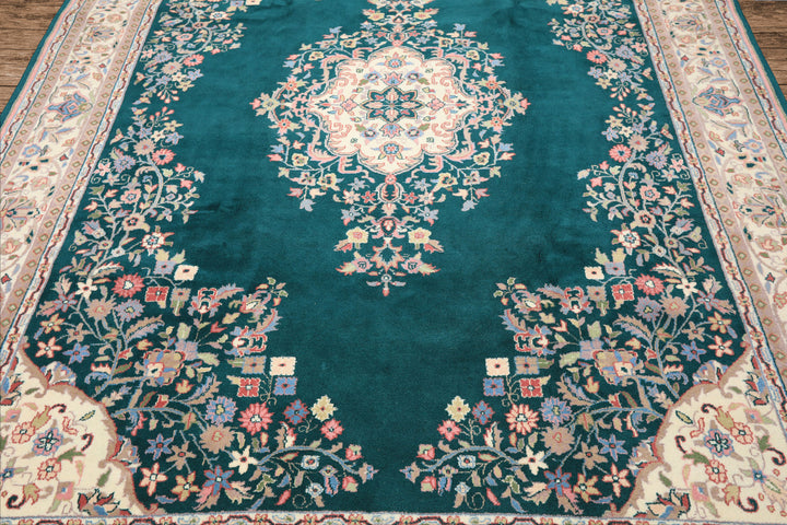 7x9 Emerald, Green, Ivory Color Hand Knotted Tabriz Wool Traditional Oriental Rug
