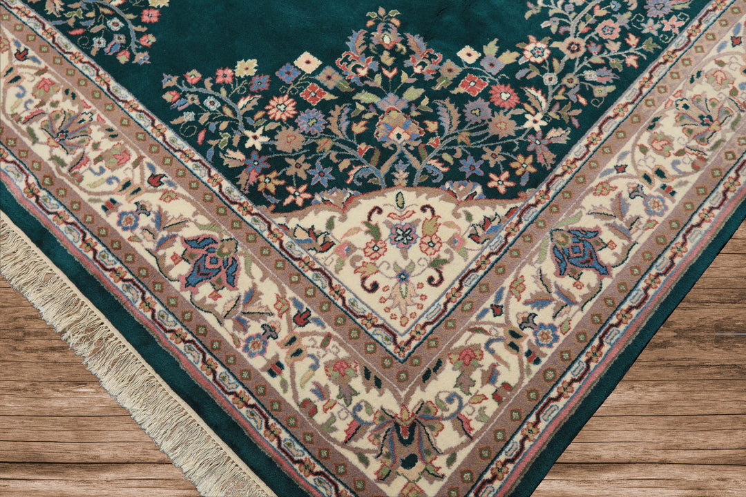 7x9 Emerald, Green, Ivory Color Hand Knotted Tabriz Wool Traditional Oriental Rug